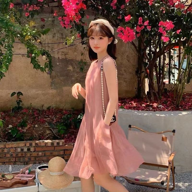 2026 여성 드레스 프랑스식 부드러운 민소매 달콤함 고급 센스 부드러운 한 마디 허리 수축 망사 휴가 바람 치마 이미지 5