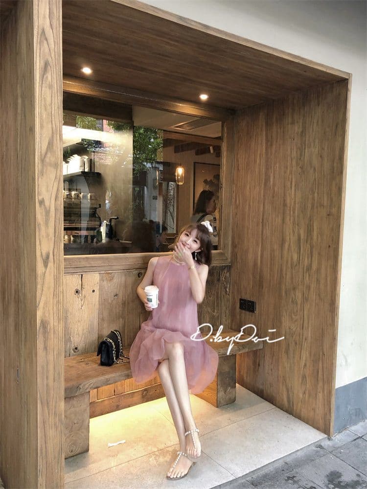 2026 여성 드레스 프랑스식 부드러운 민소매 달콤함 고급 센스 부드러운 한 마디 허리 수축 망사 휴가 바람 치마 상세 이미지 1
