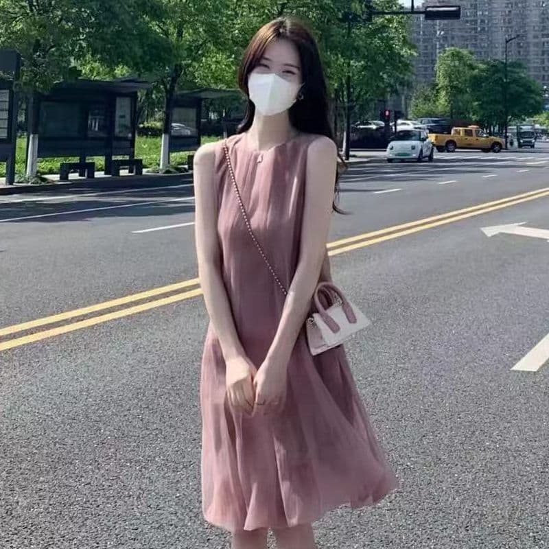 여름 새로운 프랑스식 요정 드레스 민소매 핑크색 한 마디 공주 드레스 망사 작은 키 휴가 바람 치마 이미지 4