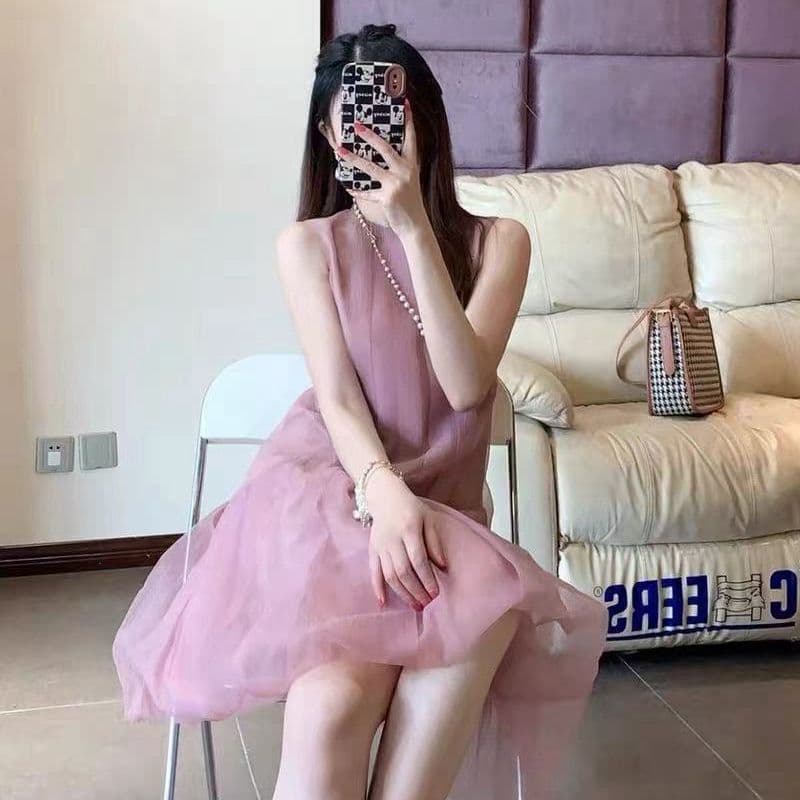 여름 새로운 프랑스식 요정 드레스 민소매 핑크색 한 마디 공주 드레스 망사 작은 키 휴가 바람 치마