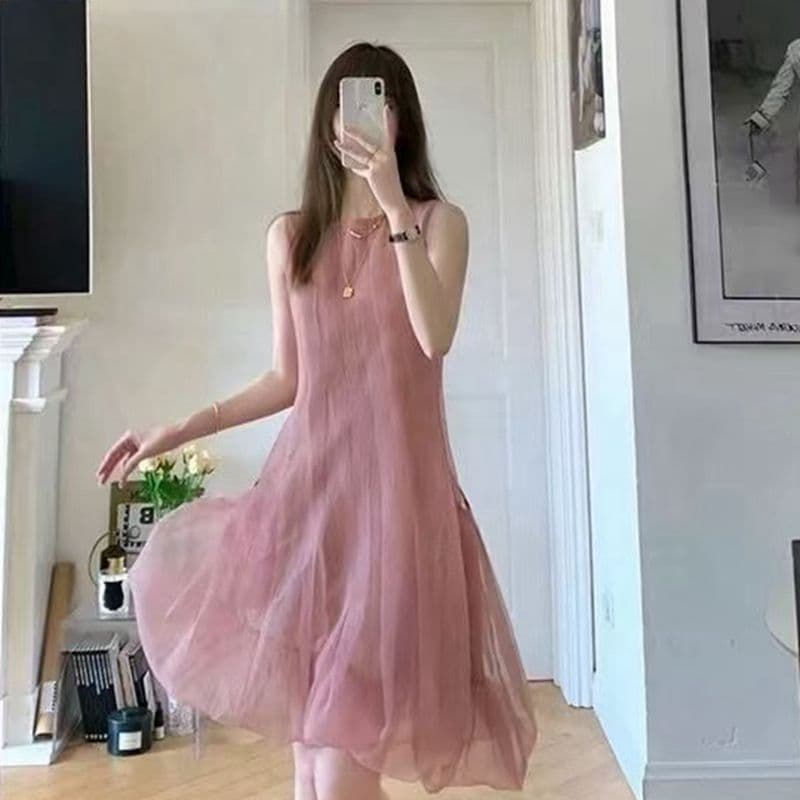 여름 새로운 프랑스식 요정 드레스 민소매 핑크색 한 마디 공주 드레스 망사 작은 키 휴가 바람 치마 이미지 5