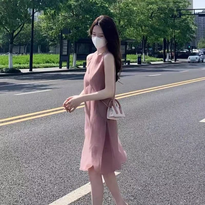 여름 새로운 프랑스식 요정 드레스 민소매 핑크색 한 마디 공주 드레스 망사 작은 키 휴가 바람 치마 상세 이미지 1