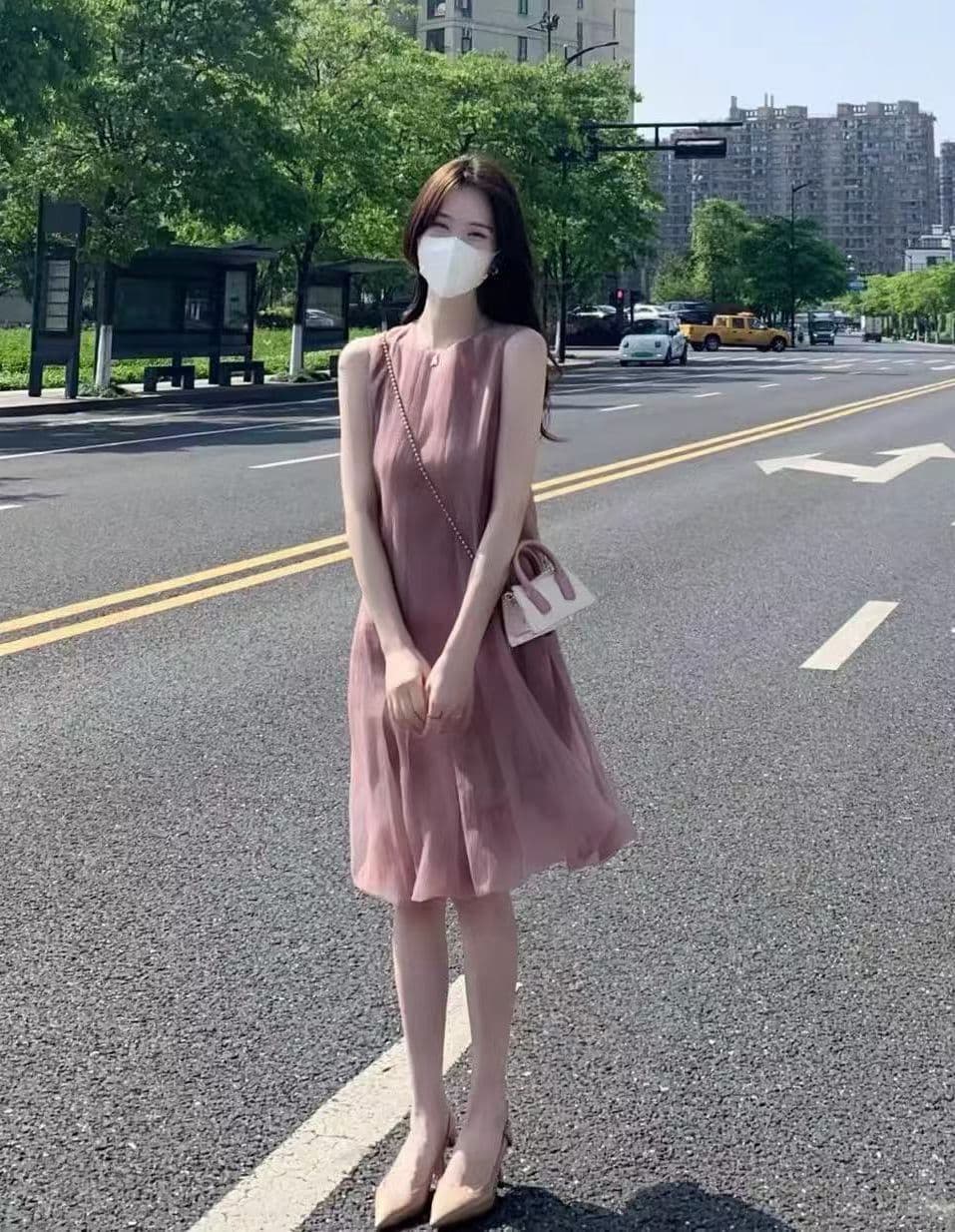 여름 새로운 프랑스식 요정 드레스 민소매 핑크색 한 마디 공주 드레스 망사 작은 키 휴가 바람 치마 상세 이미지 2