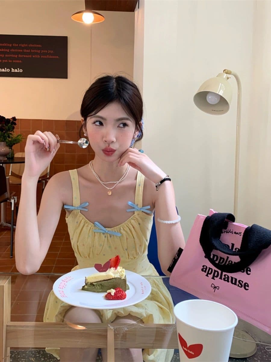 달콤함 향기로운 망 도트 무늬 조끼 슬립 버블 푸 작은 대중 디자인 고급 달콤함 드레스 상세 이미지 2