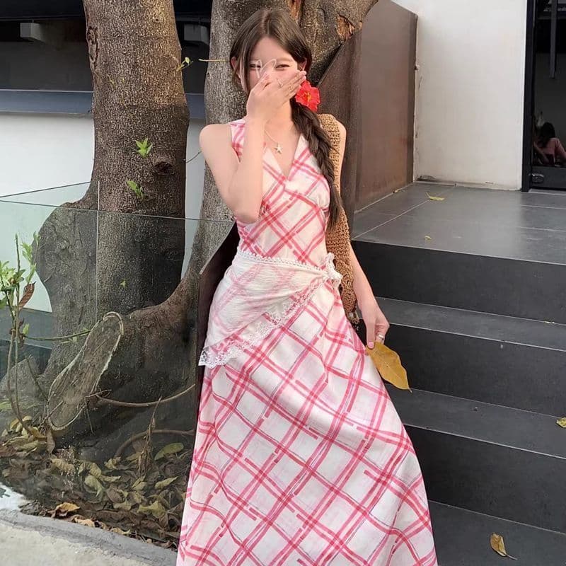 불규칙 체크무늬 슬립 여성 드레스 여름 프랑스식 품격 디자인 센스 부드러운 슬림해 보이는 허리 수축 한 마디 롱 스커트