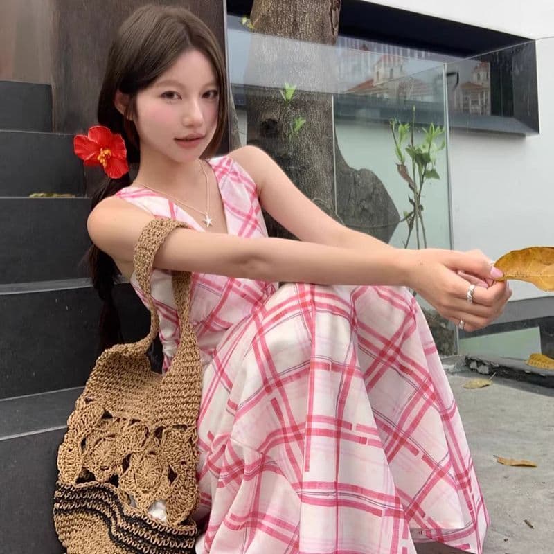 불규칙 체크무늬 슬립 여성 드레스 여름 프랑스식 품격 디자인 센스 부드러운 슬림해 보이는 허리 수축 한 마디 롱 스커트 이미지 3