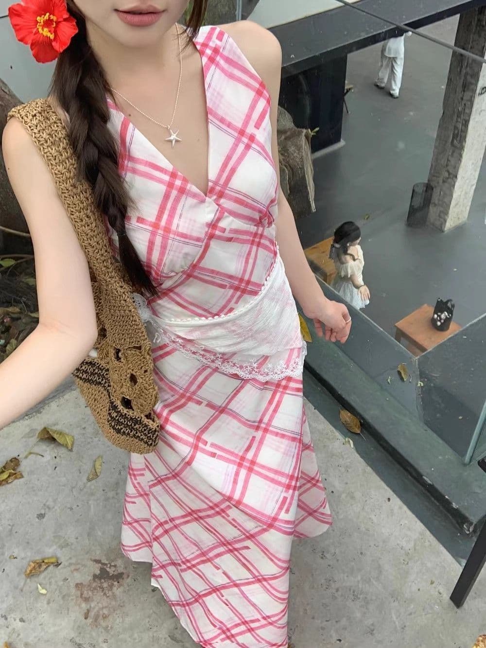 불규칙 체크무늬 슬립 여성 드레스 여름 프랑스식 품격 디자인 센스 부드러운 슬림해 보이는 허리 수축 한 마디 롱 스커트 상세 이미지 5