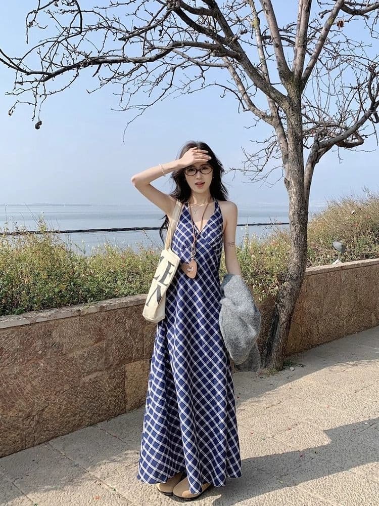 한 부서 부드러운 레트로 체크무늬 슬림해 보이는 디자인 드레스 작은 대중 품격 분위기 센스 파란색 민소매 행침 목 롱 스커트 상세 이미지 2