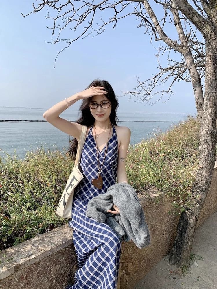 한 부서 부드러운 레트로 체크무늬 슬림해 보이는 디자인 드레스 작은 대중 품격 분위기 센스 파란색 민소매 행침 목 롱 스커트 상세 이미지 7