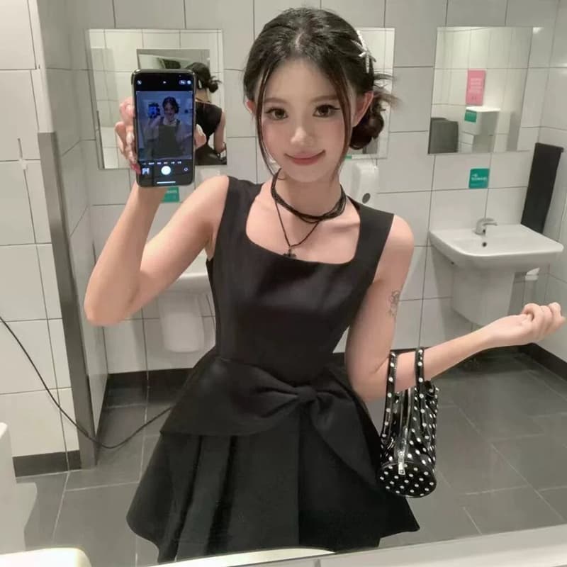 그는 벤 천 금빛 바람 검정색 나비 매듭 드레스 여름 허리 수축 슬림해 보이는 품격 한 마디 조끼 미니 스커트 이미지 3
