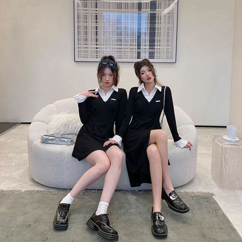 봄 가을 새로운 프랑스식 레트로 슬림해 보이는 작은 대중 디자인 센스 작은 검은 드레스 패션 셔츠 칼라 품격 여성의 아파트 꿀 드레스 이미지 2