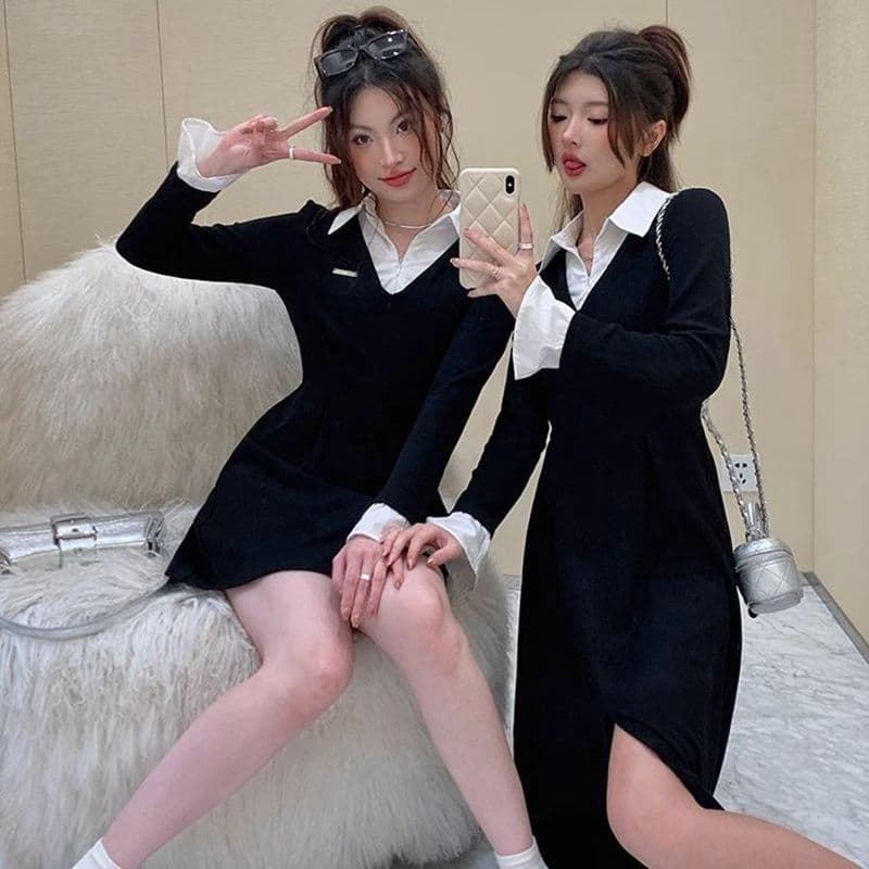 봄 가을 새로운 프랑스식 레트로 슬림해 보이는 작은 대중 디자인 센스 작은 검은 드레스 패션 셔츠 칼라 품격 여성의 아파트 꿀 드레스 이미지 5