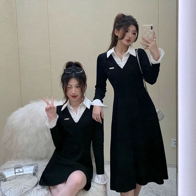 봄 가을 새로운 프랑스식 레트로 슬림해 보이는 작은 대중 디자인 센스 작은 검은 드레스 패션 셔츠 칼라 품격 여성의 아파트 꿀 드레스 이미지 4