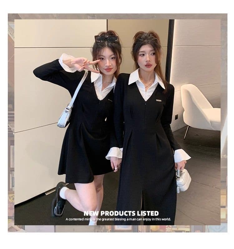 봄 가을 새로운 프랑스식 레트로 슬림해 보이는 작은 대중 디자인 센스 작은 검은 드레스 패션 셔츠 칼라 품격 여성의 아파트 꿀 드레스 상세 이미지 2