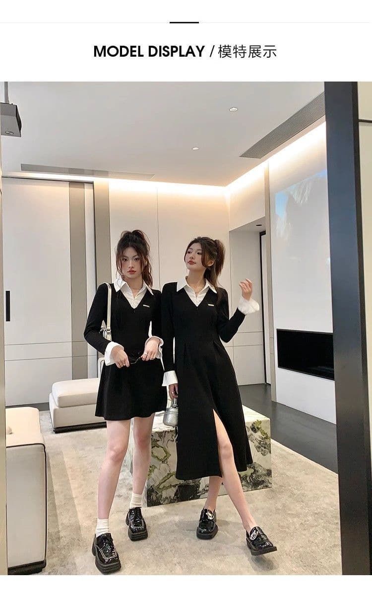 봄 가을 새로운 프랑스식 레트로 슬림해 보이는 작은 대중 디자인 센스 작은 검은 드레스 패션 셔츠 칼라 품격 여성의 아파트 꿀 드레스 상세 이미지 9