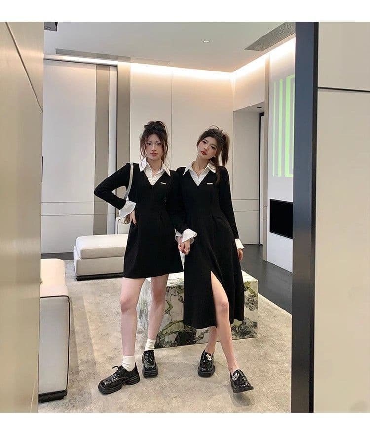 봄 가을 새로운 프랑스식 레트로 슬림해 보이는 작은 대중 디자인 센스 작은 검은 드레스 패션 셔츠 칼라 품격 여성의 아파트 꿀 드레스 상세 이미지 10