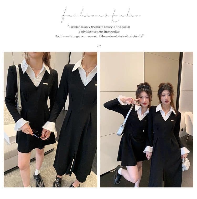 봄 가을 새로운 프랑스식 레트로 슬림해 보이는 작은 대중 디자인 센스 작은 검은 드레스 패션 셔츠 칼라 품격 여성의 아파트 꿀 드레스 상세 이미지 11