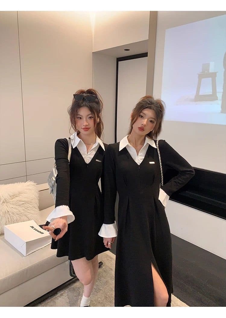 봄 가을 새로운 프랑스식 레트로 슬림해 보이는 작은 대중 디자인 센스 작은 검은 드레스 패션 셔츠 칼라 품격 여성의 아파트 꿀 드레스 상세 이미지 14