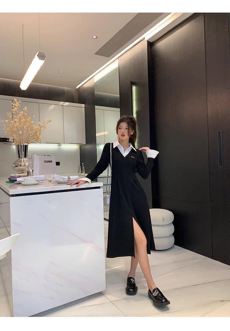 봄 가을 새로운 프랑스식 레트로 슬림해 보이는 작은 대중 디자인 센스 작은 검은 드레스 패션 셔츠 칼라 품격 여성의 아파트 꿀 드레스 상세 이미지 17