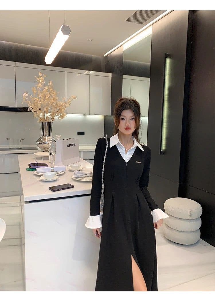 봄 가을 새로운 프랑스식 레트로 슬림해 보이는 작은 대중 디자인 센스 작은 검은 드레스 패션 셔츠 칼라 품격 여성의 아파트 꿀 드레스 상세 이미지 19