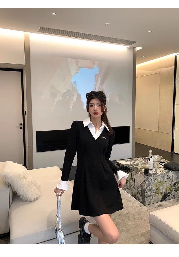봄 가을 새로운 프랑스식 레트로 슬림해 보이는 작은 대중 디자인 센스 작은 검은 드레스 패션 셔츠 칼라 품격 여성의 아파트 꿀 드레스 상세 이미지 20