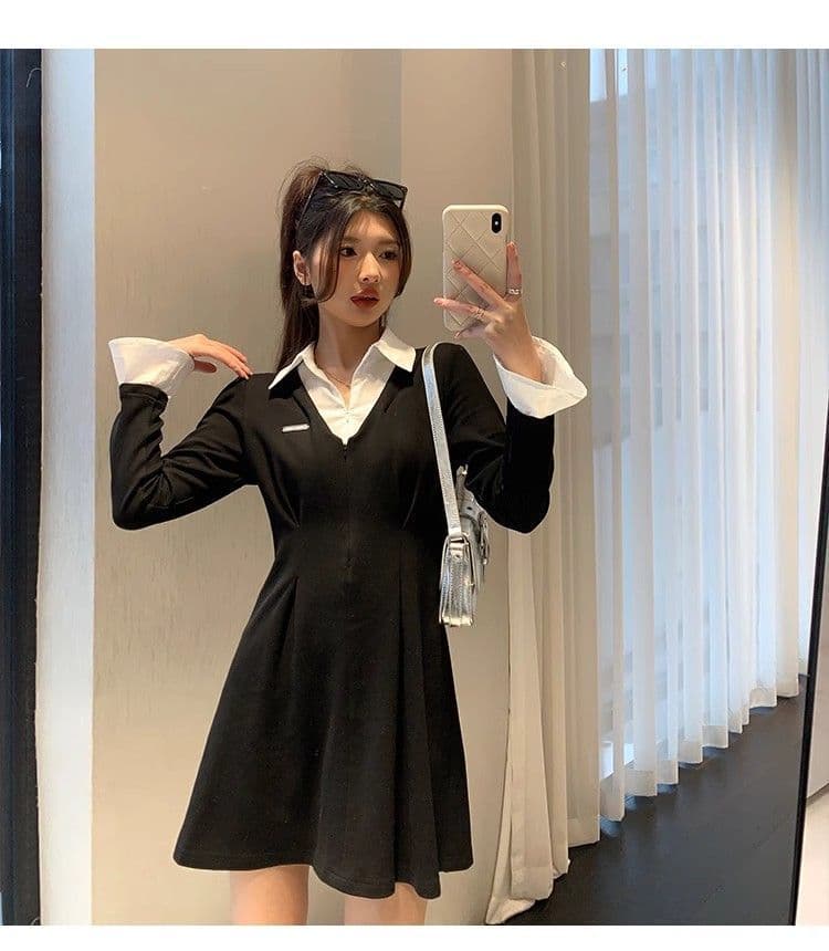 봄 가을 새로운 프랑스식 레트로 슬림해 보이는 작은 대중 디자인 센스 작은 검은 드레스 패션 셔츠 칼라 품격 여성의 아파트 꿀 드레스 상세 이미지 21