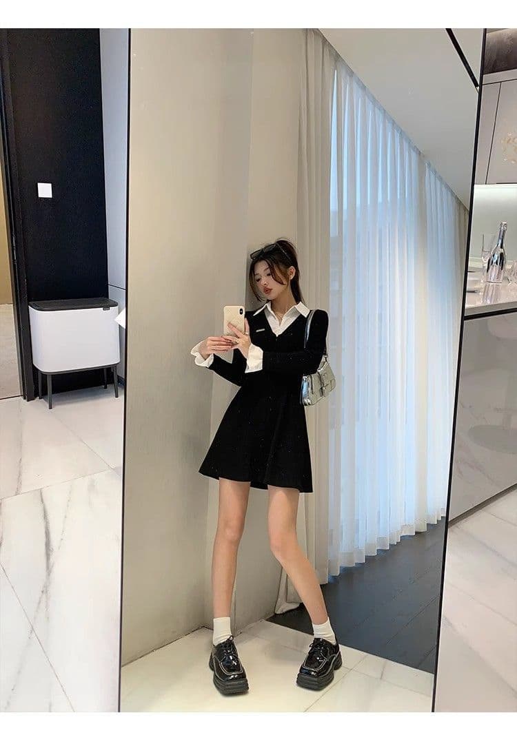 봄 가을 새로운 프랑스식 레트로 슬림해 보이는 작은 대중 디자인 센스 작은 검은 드레스 패션 셔츠 칼라 품격 여성의 아파트 꿀 드레스 상세 이미지 22
