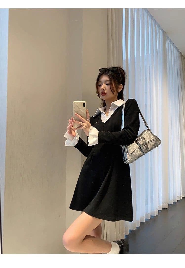 봄 가을 새로운 프랑스식 레트로 슬림해 보이는 작은 대중 디자인 센스 작은 검은 드레스 패션 셔츠 칼라 품격 여성의 아파트 꿀 드레스 상세 이미지 23