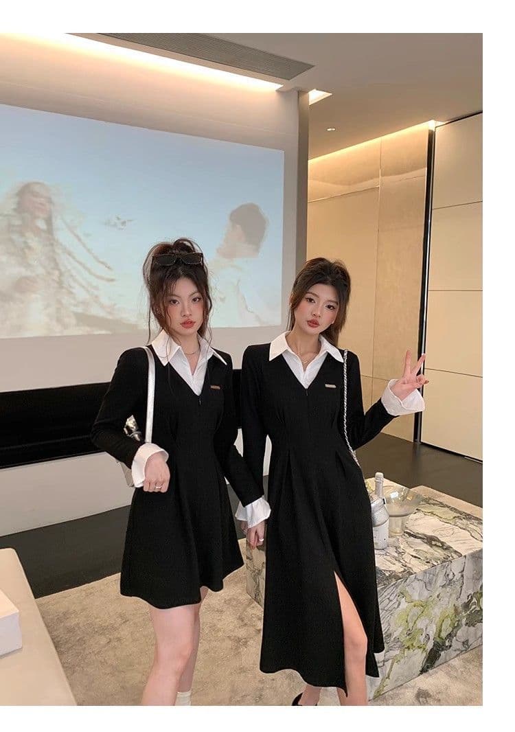 봄 가을 새로운 프랑스식 레트로 슬림해 보이는 작은 대중 디자인 센스 작은 검은 드레스 패션 셔츠 칼라 품격 여성의 아파트 꿀 드레스 상세 이미지 25