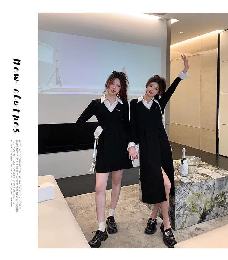 봄 가을 새로운 프랑스식 레트로 슬림해 보이는 작은 대중 디자인 센스 작은 검은 드레스 패션 셔츠 칼라 품격 여성의 아파트 꿀 드레스 상세 이미지 26