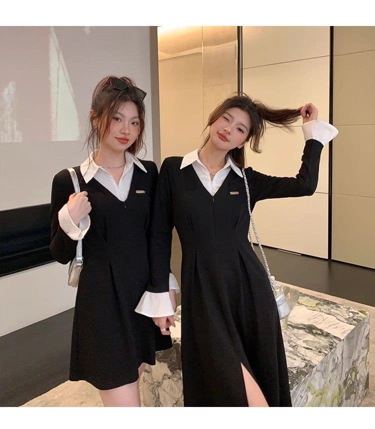 봄 가을 새로운 프랑스식 레트로 슬림해 보이는 작은 대중 디자인 센스 작은 검은 드레스 패션 셔츠 칼라 품격 여성의 아파트 꿀 드레스 상세 이미지 27