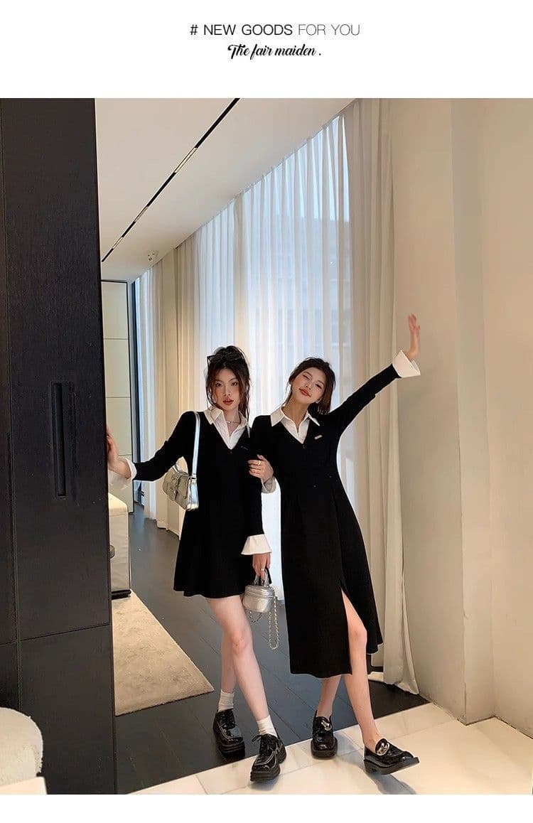 봄 가을 새로운 프랑스식 레트로 슬림해 보이는 작은 대중 디자인 센스 작은 검은 드레스 패션 셔츠 칼라 품격 여성의 아파트 꿀 드레스 상세 이미지 28