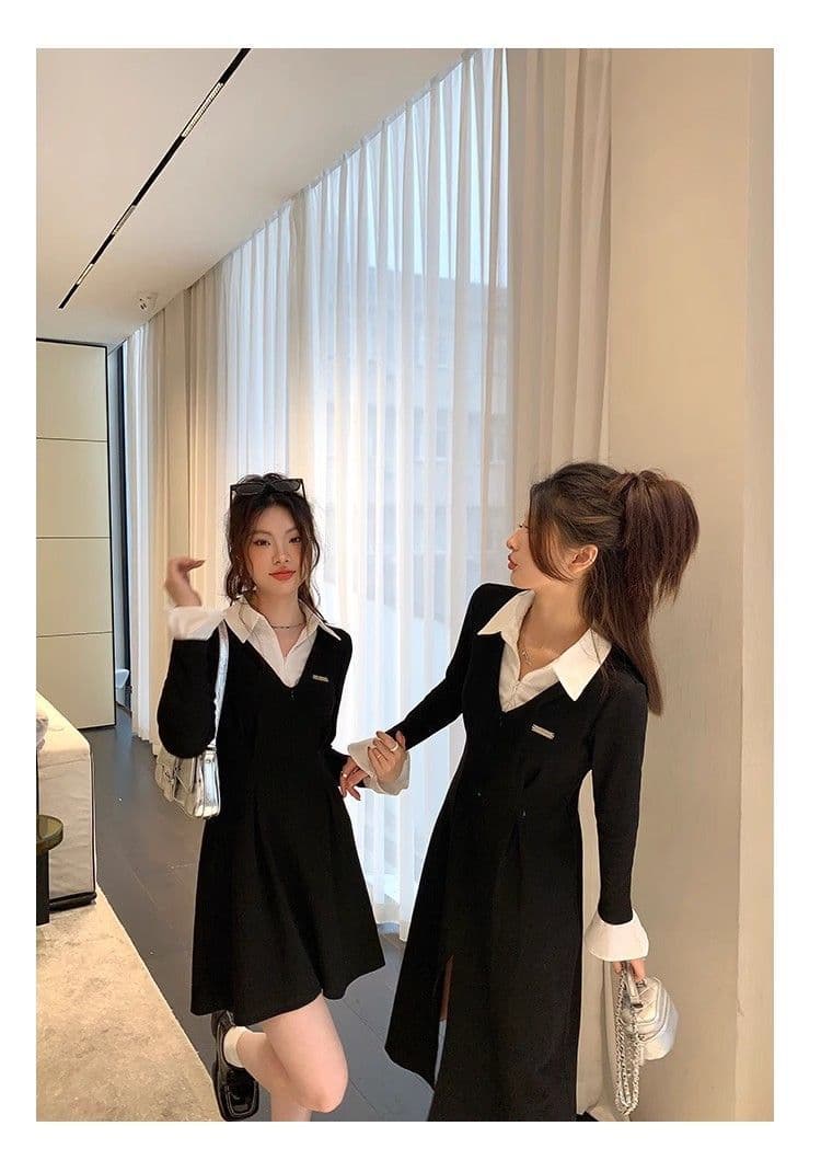 봄 가을 새로운 프랑스식 레트로 슬림해 보이는 작은 대중 디자인 센스 작은 검은 드레스 패션 셔츠 칼라 품격 여성의 아파트 꿀 드레스 상세 이미지 29