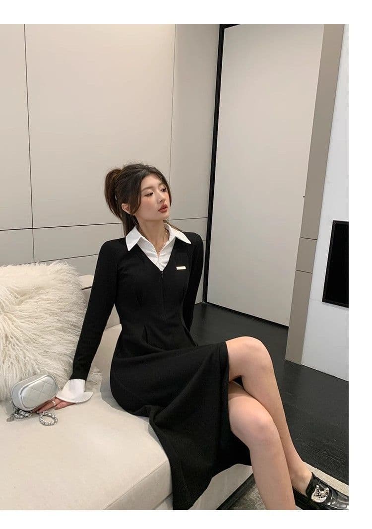 봄 가을 새로운 프랑스식 레트로 슬림해 보이는 작은 대중 디자인 센스 작은 검은 드레스 패션 셔츠 칼라 품격 여성의 아파트 꿀 드레스 상세 이미지 30