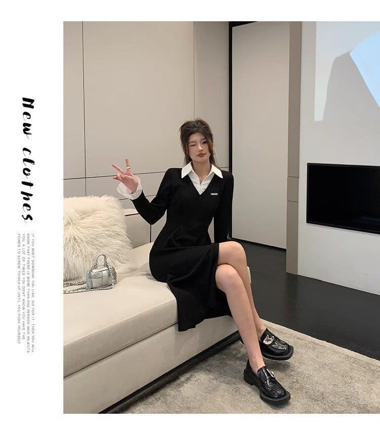 봄 가을 새로운 프랑스식 레트로 슬림해 보이는 작은 대중 디자인 센스 작은 검은 드레스 패션 셔츠 칼라 품격 여성의 아파트 꿀 드레스 상세 이미지 31