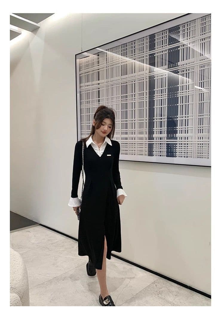 봄 가을 새로운 프랑스식 레트로 슬림해 보이는 작은 대중 디자인 센스 작은 검은 드레스 패션 셔츠 칼라 품격 여성의 아파트 꿀 드레스 상세 이미지 33