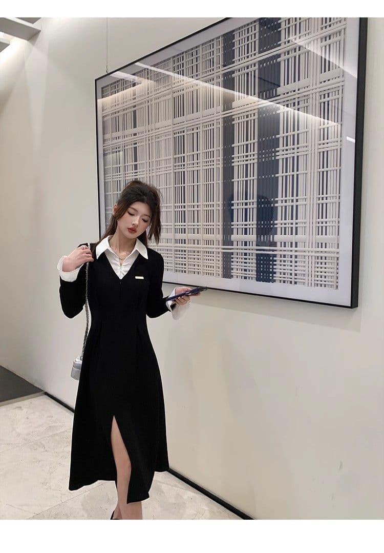 봄 가을 새로운 프랑스식 레트로 슬림해 보이는 작은 대중 디자인 센스 작은 검은 드레스 패션 셔츠 칼라 품격 여성의 아파트 꿀 드레스 상세 이미지 34