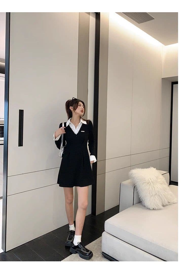 봄 가을 새로운 프랑스식 레트로 슬림해 보이는 작은 대중 디자인 센스 작은 검은 드레스 패션 셔츠 칼라 품격 여성의 아파트 꿀 드레스 상세 이미지 35