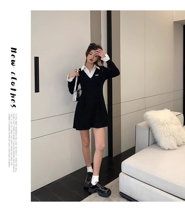 봄 가을 새로운 프랑스식 레트로 슬림해 보이는 작은 대중 디자인 센스 작은 검은 드레스 패션 셔츠 칼라 품격 여성의 아파트 꿀 드레스 상세 이미지 36