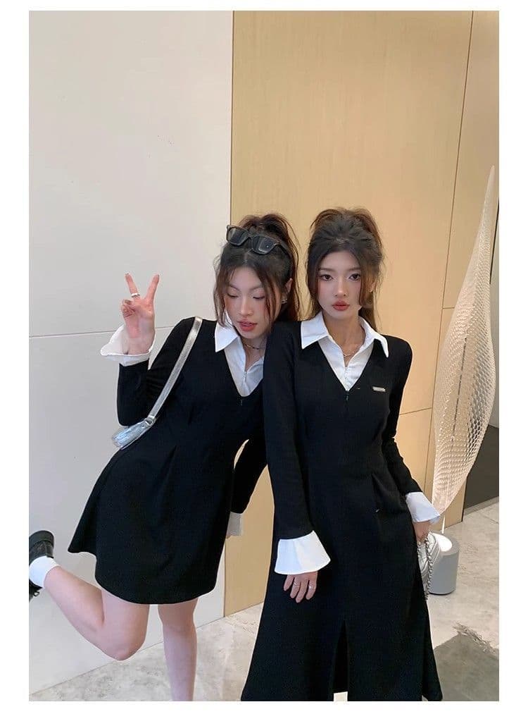 봄 가을 새로운 프랑스식 레트로 슬림해 보이는 작은 대중 디자인 센스 작은 검은 드레스 패션 셔츠 칼라 품격 여성의 아파트 꿀 드레스 상세 이미지 39