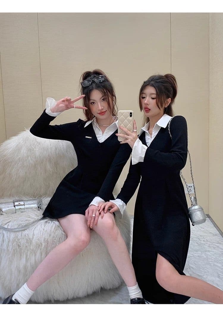 봄 가을 새로운 프랑스식 레트로 슬림해 보이는 작은 대중 디자인 센스 작은 검은 드레스 패션 셔츠 칼라 품격 여성의 아파트 꿀 드레스 상세 이미지 42