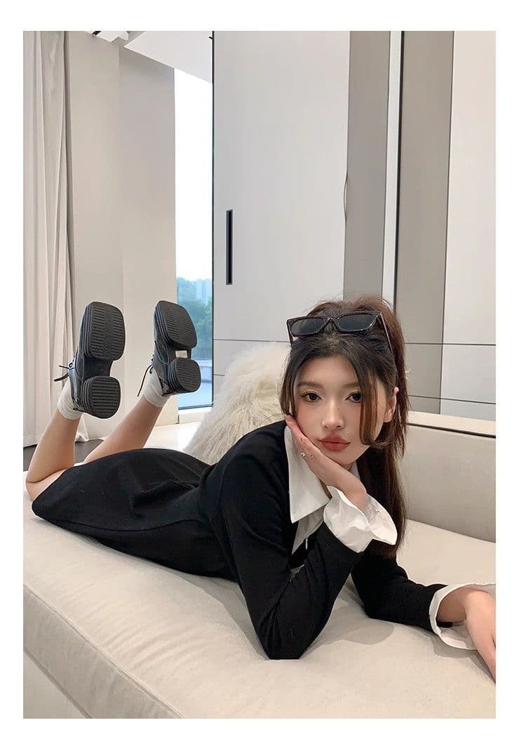 봄 가을 새로운 프랑스식 레트로 슬림해 보이는 작은 대중 디자인 센스 작은 검은 드레스 패션 셔츠 칼라 품격 여성의 아파트 꿀 드레스 상세 이미지 44