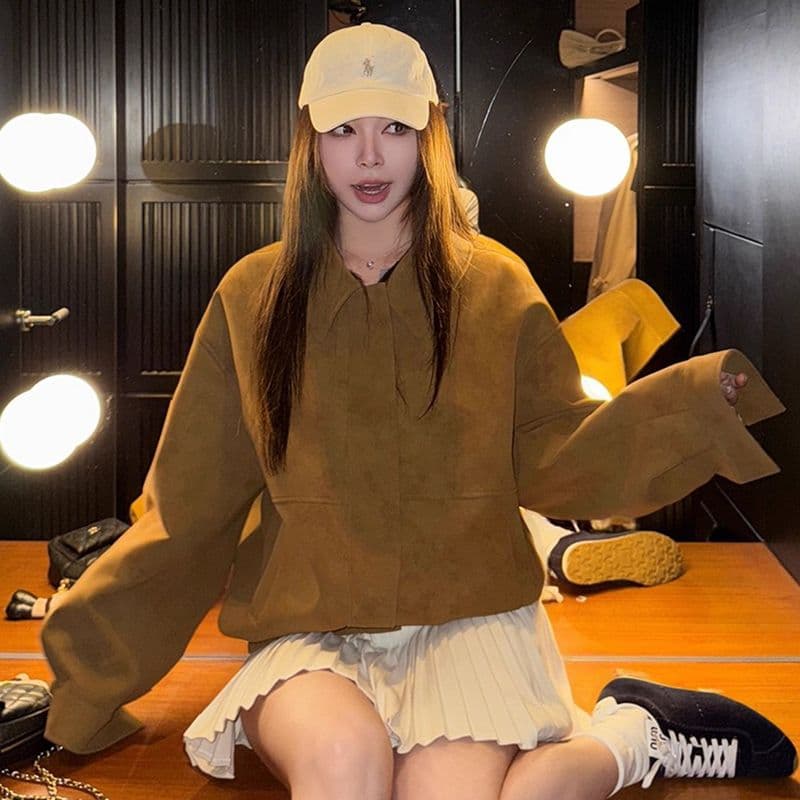아메리칸 레트로 스웨이드 원단 폴로 칼라 캐주얼 재킷 맨위 아름다움 라드. 루즈핏 브라운 재킷 여성 이미지 4