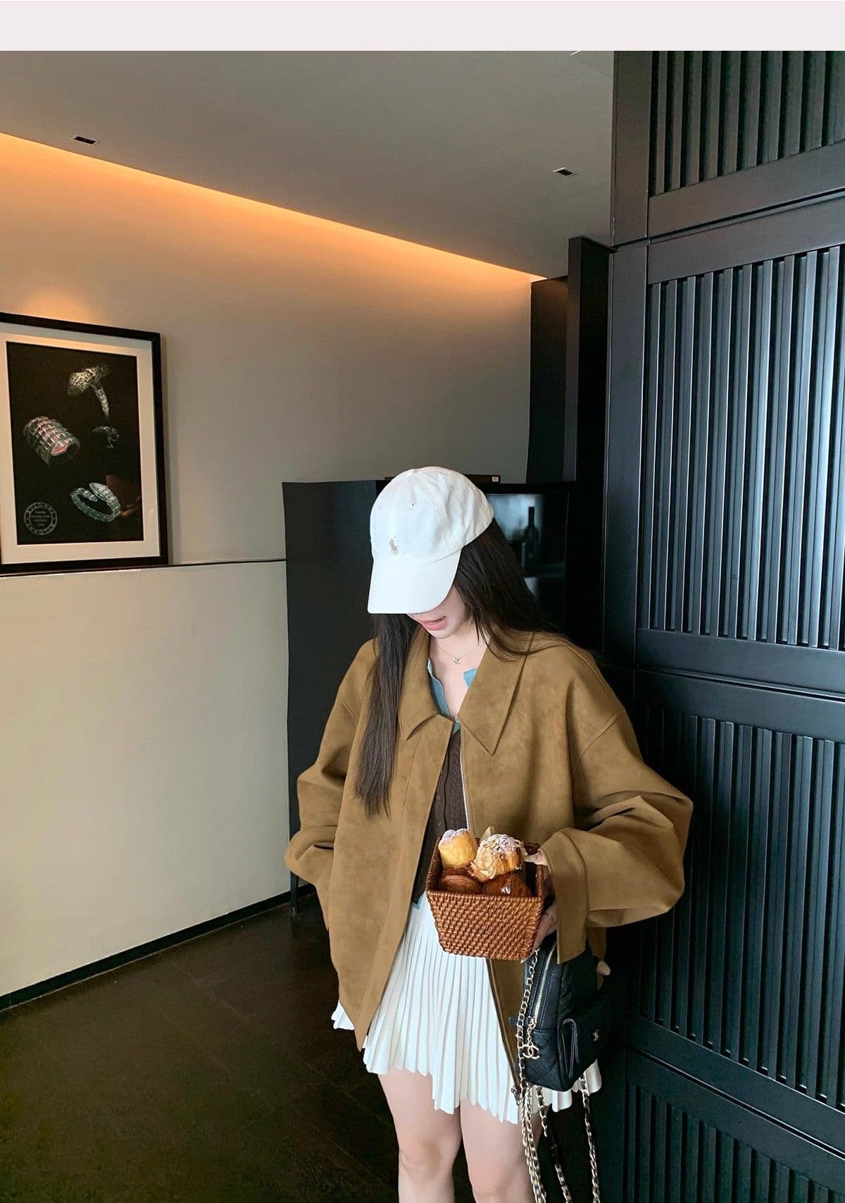 아메리칸 레트로 스웨이드 원단 폴로 칼라 캐주얼 재킷 맨위 아름다움 라드. 루즈핏 브라운 재킷 여성 상세 이미지 16