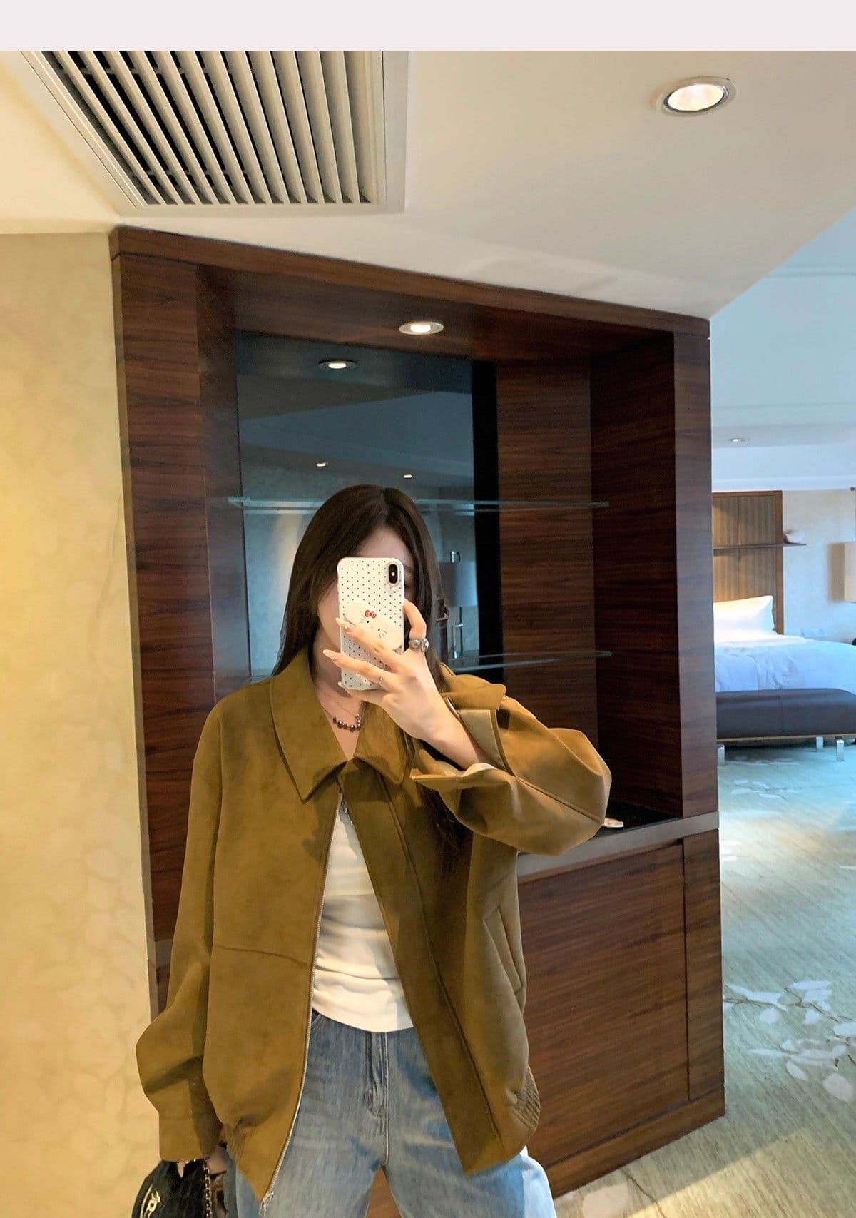 아메리칸 레트로 스웨이드 원단 폴로 칼라 캐주얼 재킷 맨위 아름다움 라드. 루즈핏 브라운 재킷 여성 상세 이미지 25