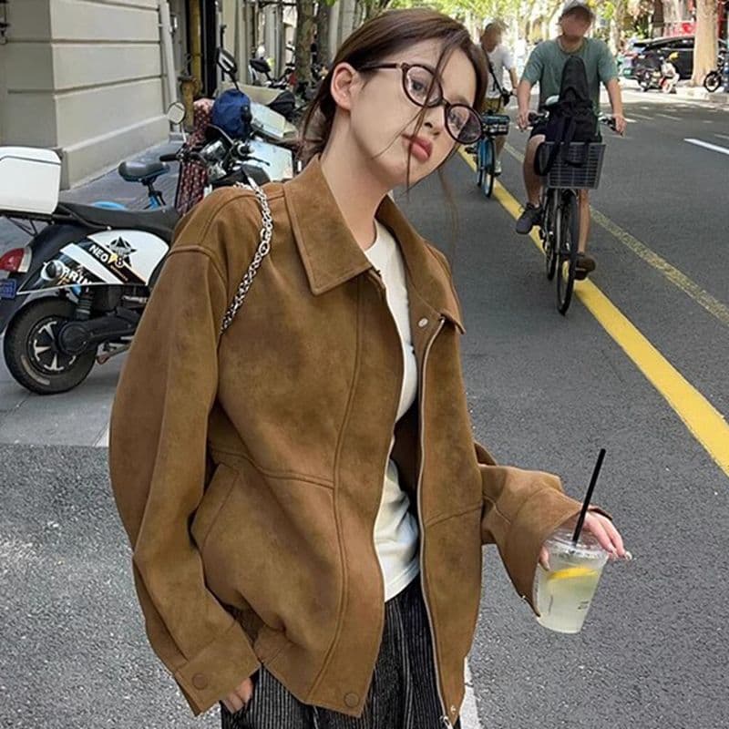 2026 한국 새로운 레트로 스웨이드 원단 여성 코트 가을 겨울철 루즈핏 폴로 칼라 캐주얼 오토바이 재킷 맨위 이미지 4