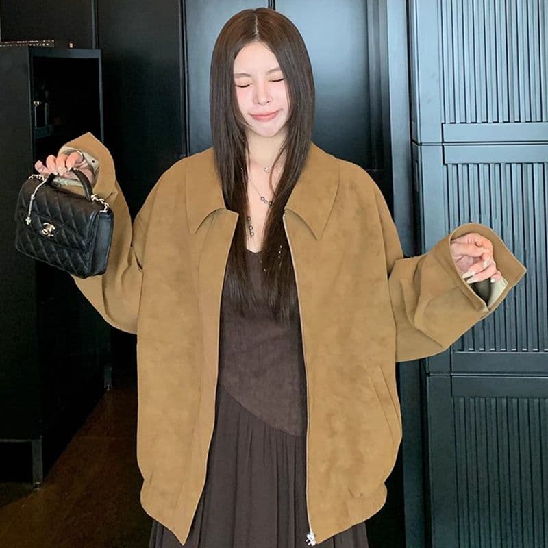 레트로 스웨이드 재킷 여성 가을 아메리칸 루즈핏 폴로 칼라 캐주얼 다용도 재킷 맨위 고급 겉옷 이미지 3
