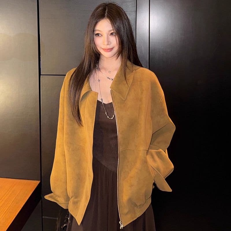 레트로 스웨이드 재킷 여성 가을 아메리칸 루즈핏 폴로 칼라 캐주얼 다용도 재킷 맨위 고급 겉옷