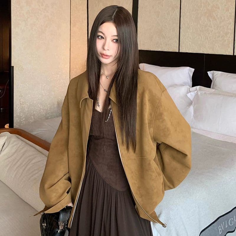 레트로 스웨이드 재킷 여성 가을 아메리칸 루즈핏 폴로 칼라 캐주얼 다용도 재킷 맨위 고급 겉옷 이미지 5