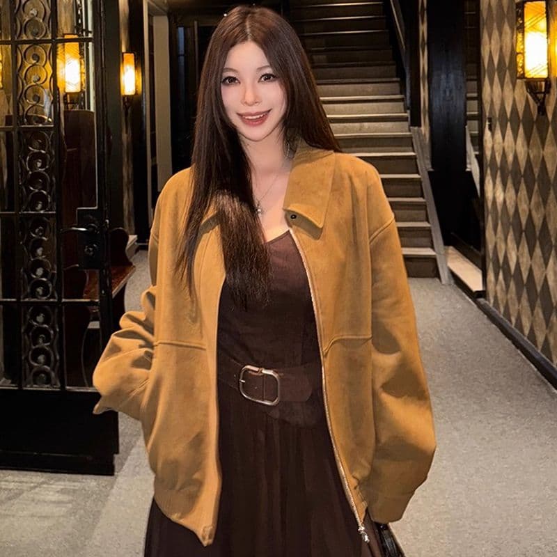 레트로 스웨이드 재킷 여성 가을 아메리칸 루즈핏 폴로 칼라 캐주얼 다용도 재킷 맨위 고급 겉옷 이미지 2